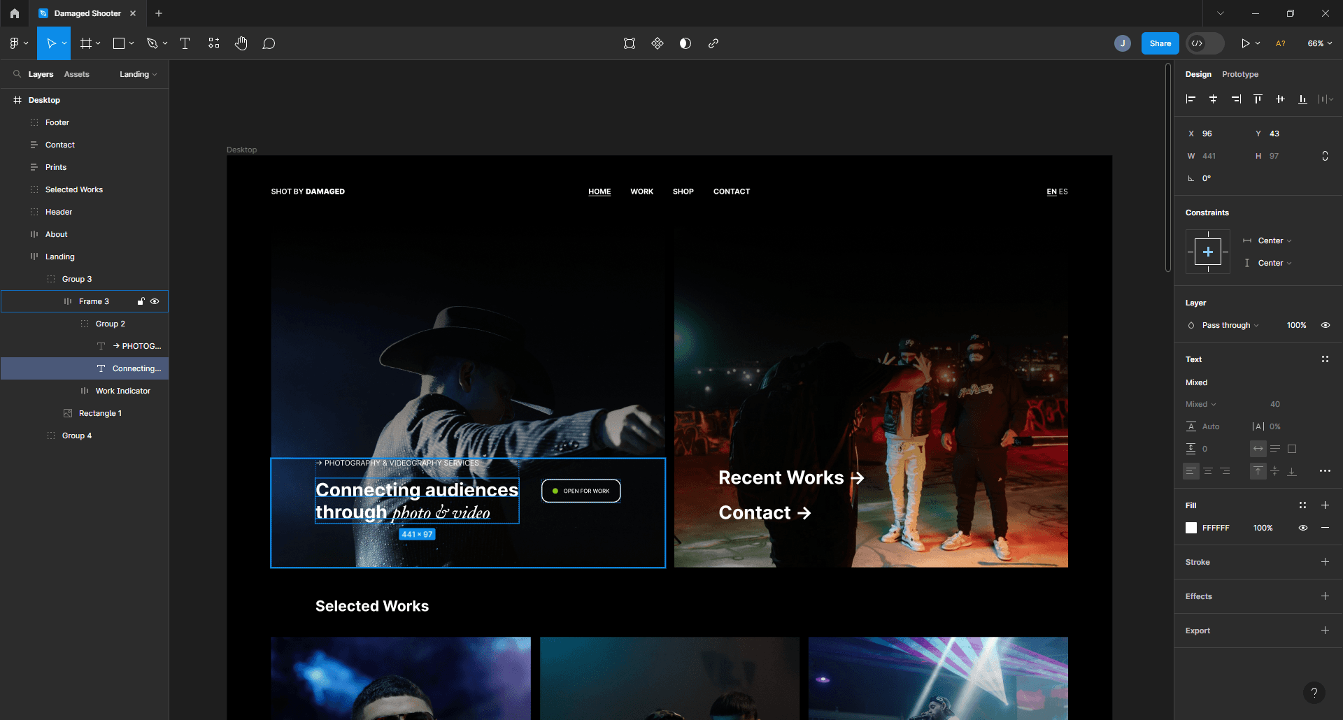 Screenshot of the Shot by Damaged's website design in Figma