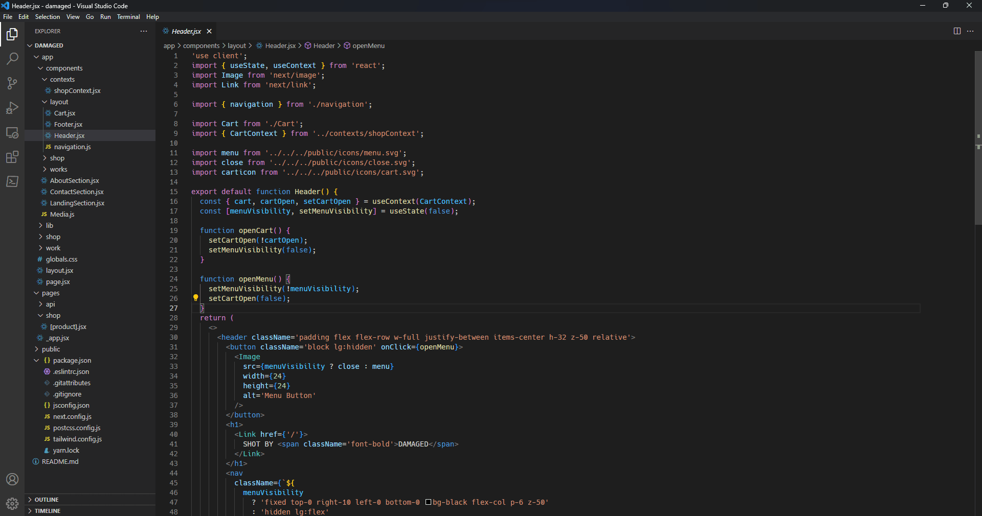 Screenshot of the Shot by Damaged's website code in Visual Studio Code